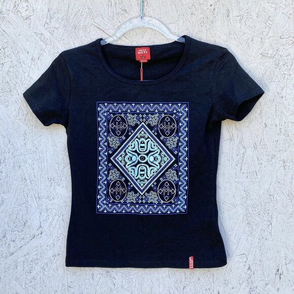 NWT Vintage Y2K Miss Sixty Mandala Slim Fit Baby Tee T-Shirt M Black - Picture 1 of 8